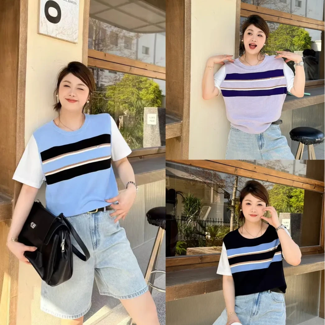 大码拼接短袖夏季条纹轻职风毛针织衫宽松女装小众冰丝拼色上衣