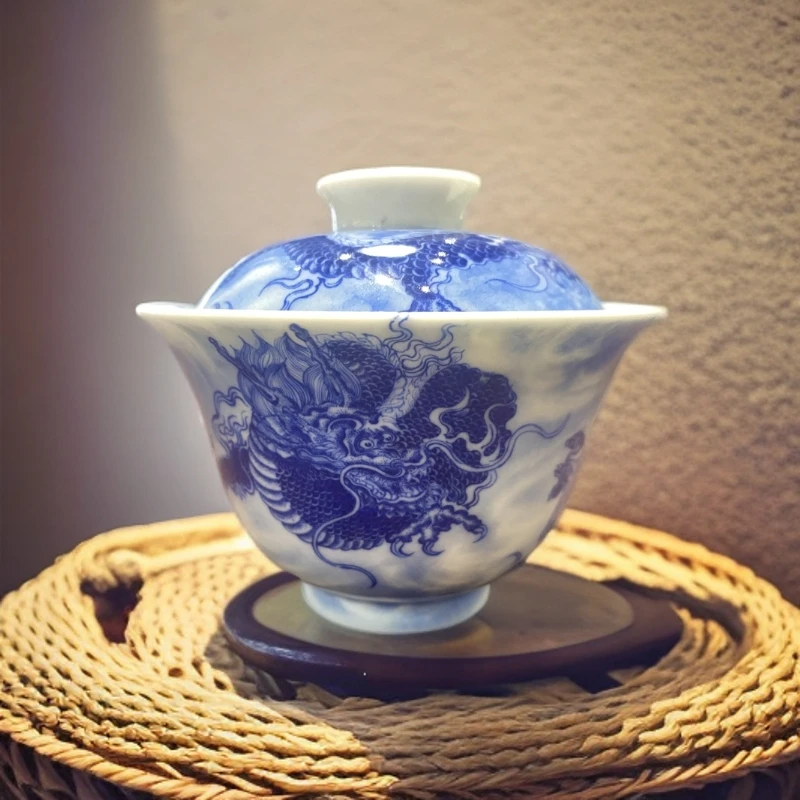 艺家仁青花龙凤盖碗景德镇陶瓷纯手工大盖碗全手工手绘