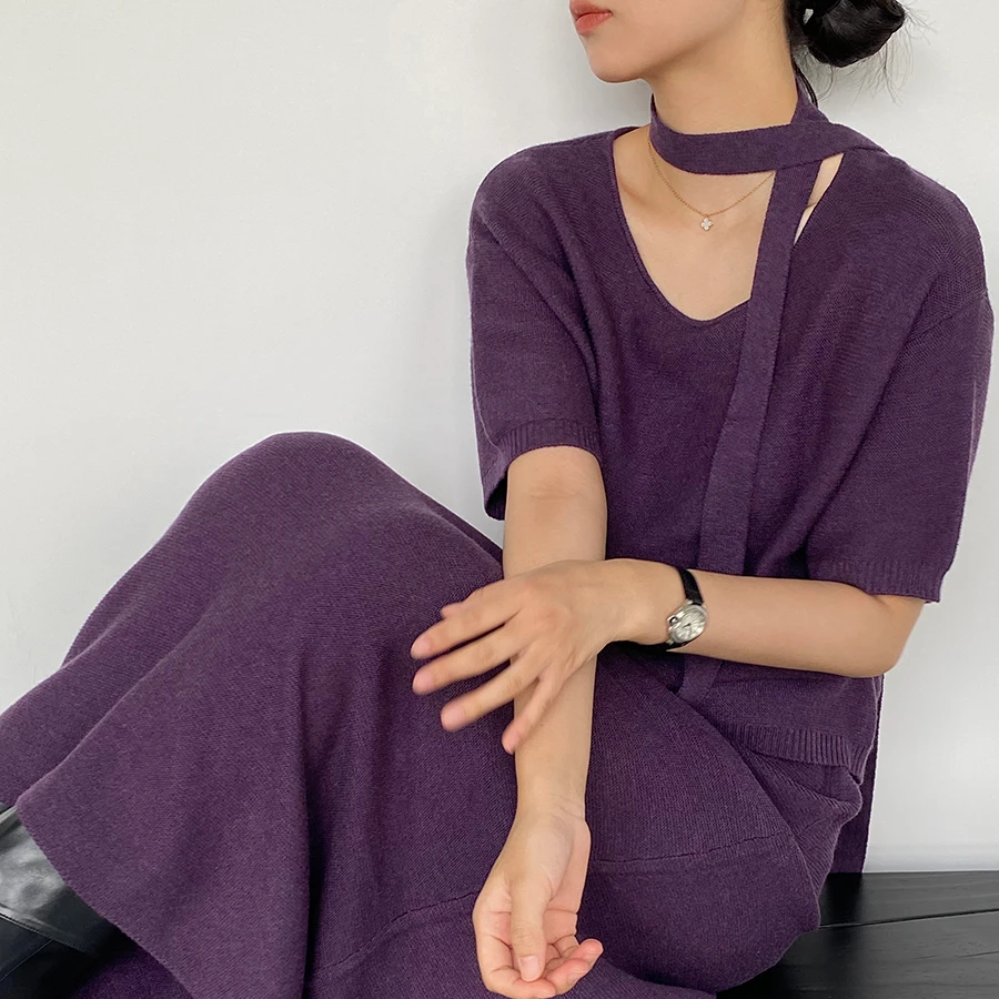 2025 羊毛高智温柔气质宽松T恤+高腰半身裙两件套