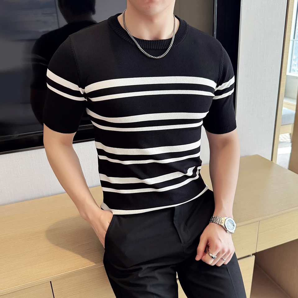 夏季新款T恤男短袖毛衣男圆领休闲针织衫韩版潮流修身男士打底衫