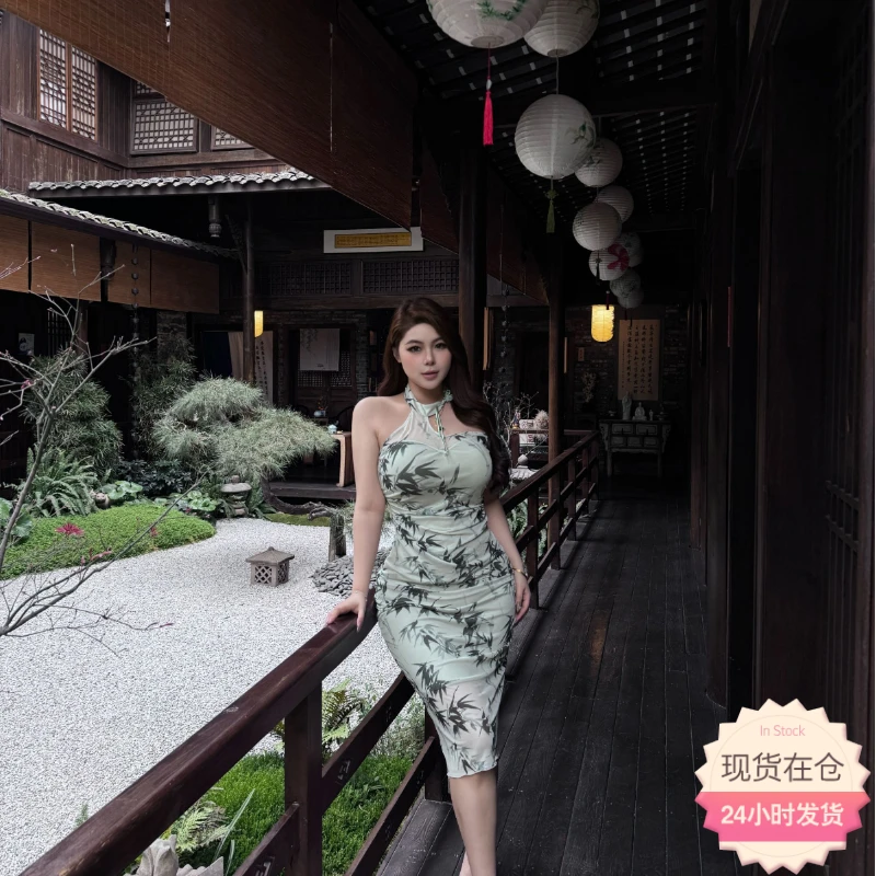 【现货】胖婷大码定制「江南烟雨」夏季新中式高弹印花网纱旗袍连衣裙