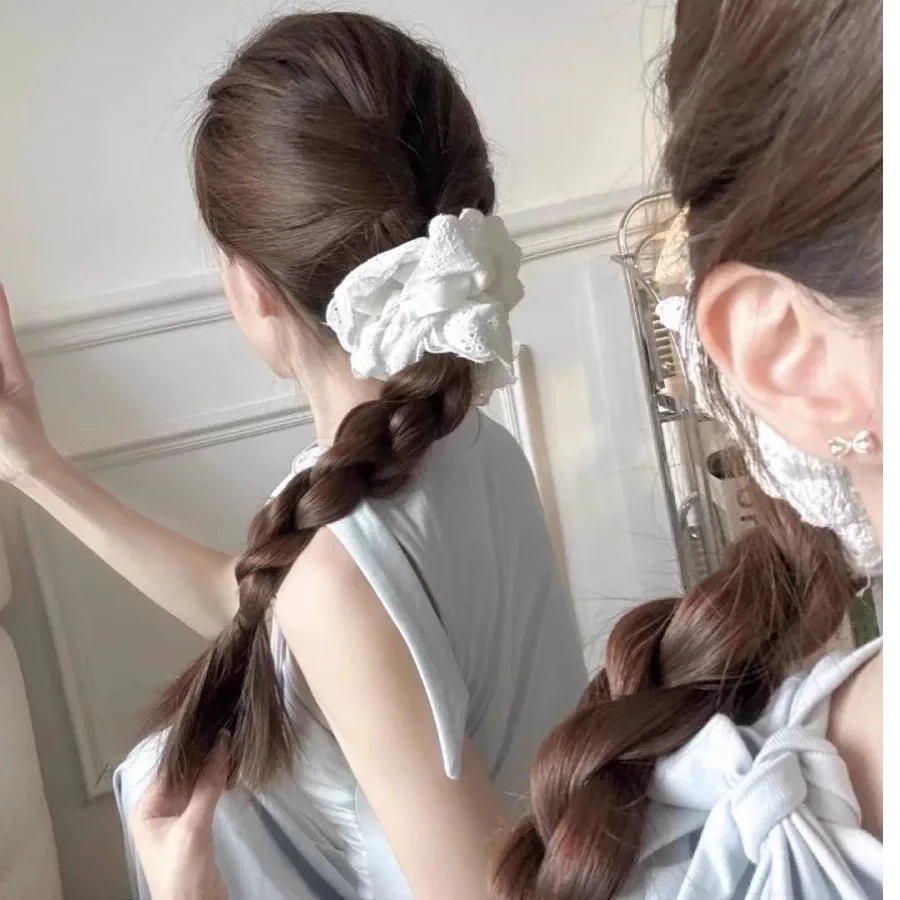 法式少女风大肠发圈女白色蕾丝镂空发饰韩系公主风头绳侧边麻花辫