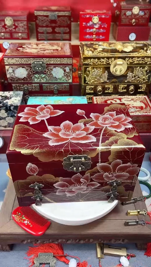 9****928厘米四层双抽传统彩绘手推漆荷花图