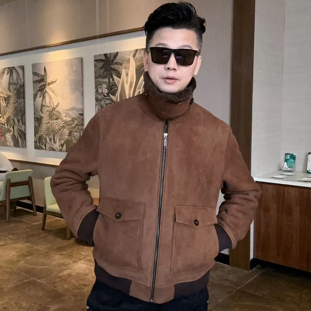【南兮】NANXI小众设计美利奴焦糖咖啡飞行夹克秋冬保暖男装外套