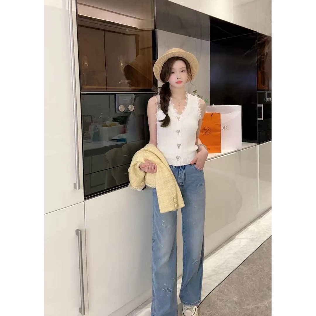 亿蒽 休闲阔腿烫钻高腰阔腿裤 202522606A