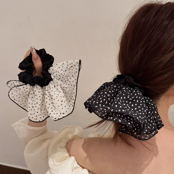 百搭法式波点半圆设计蝴蝶结发绳气质扎马尾肥肠圈高级感发圈
