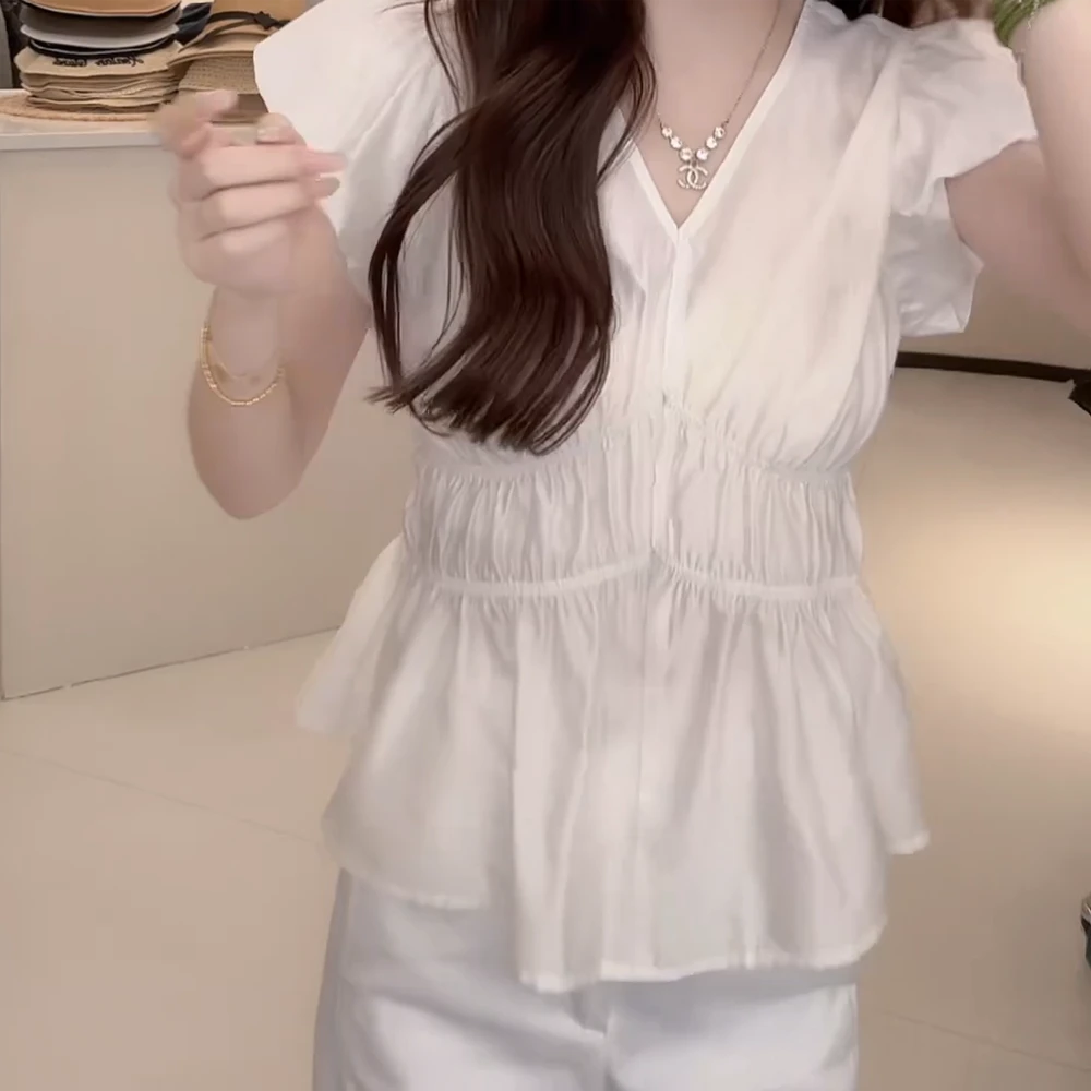 夏季韩版纯色褶皱收腰V领小衫上衣百搭时尚减龄