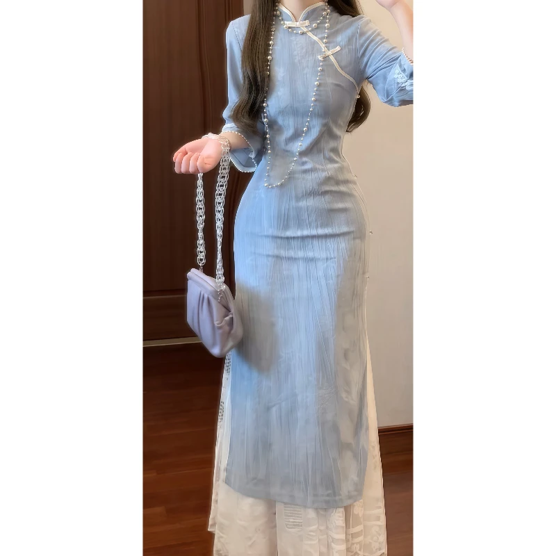 复古全开襟倒大袖丝绒旗袍文艺清新蓝色少女连衣裙搭配半身裙9119