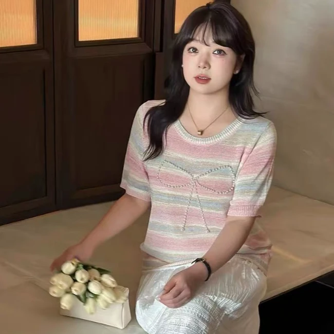 （525）大码女装短袖圆领渐变蝴蝶结上衣宽松版型清新甜美夏季新款