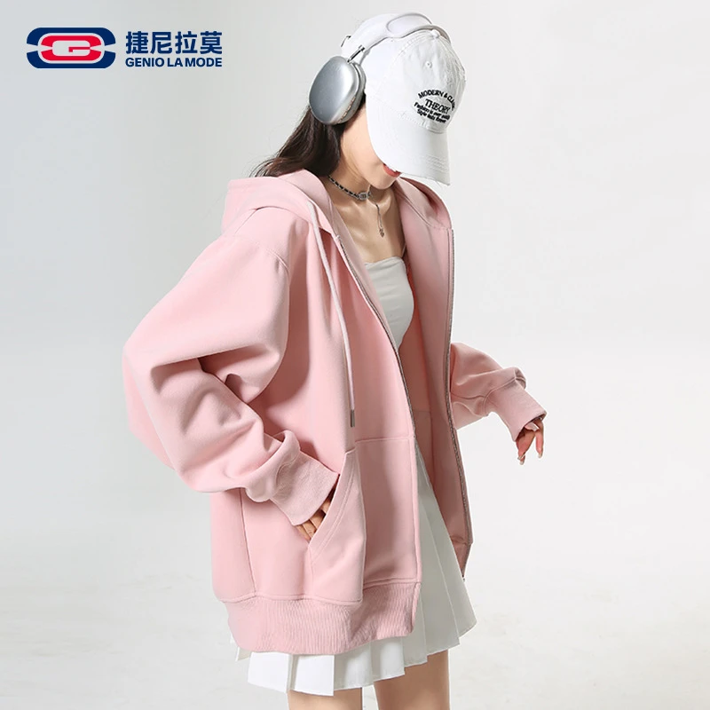 【敖瑞鹏代言】捷尼拉莫应援粉色连帽卫衣男女情侣款慵懒风开衫外套