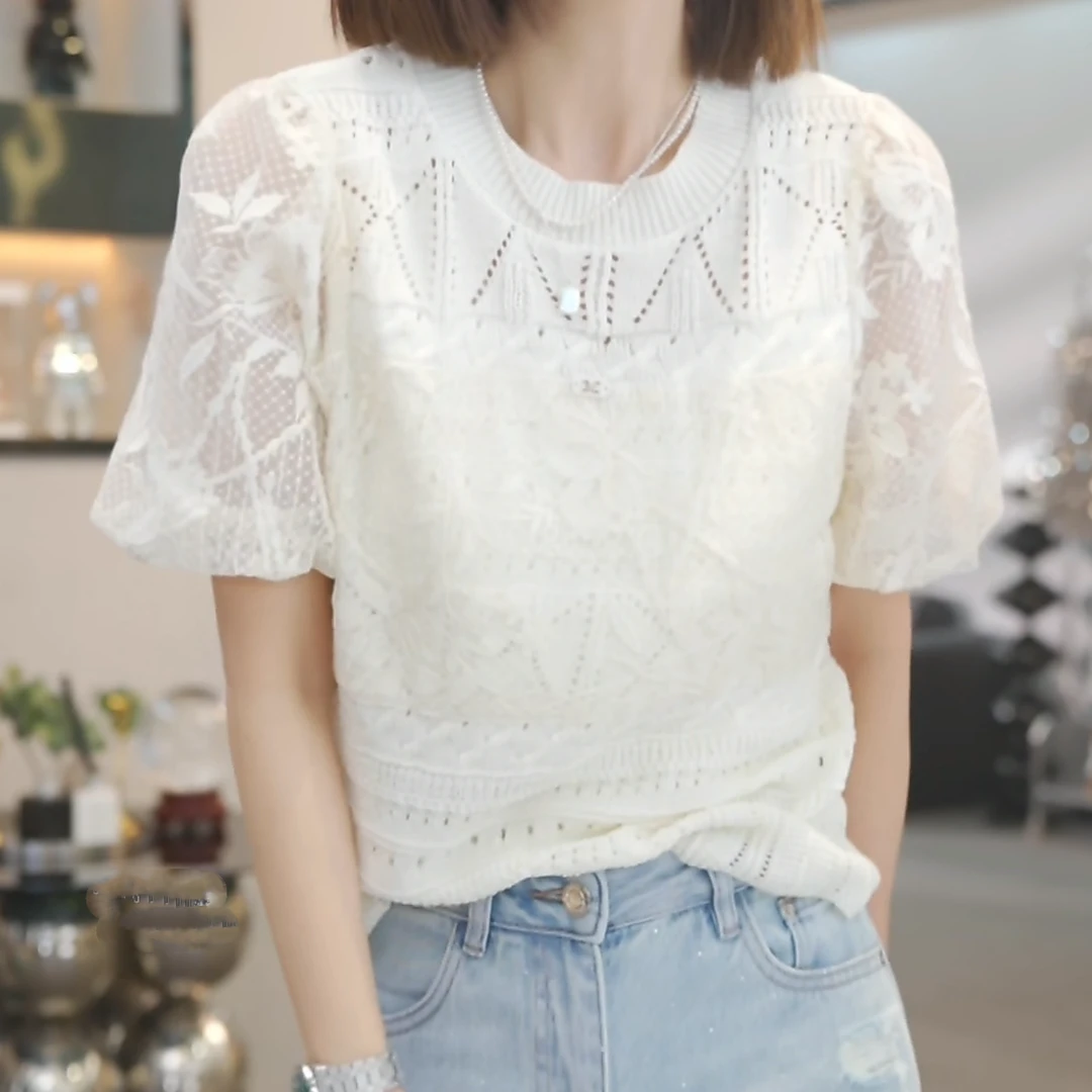 设计感蕾丝针织衫女2025新款春季时尚高级感气质短袖毛衣上衣