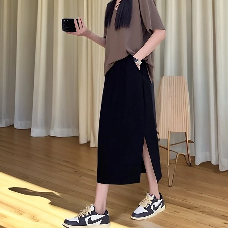 梨形大码半身裙女夏季高腰显瘦a字中长款直筒长裙气质开叉包臀裙