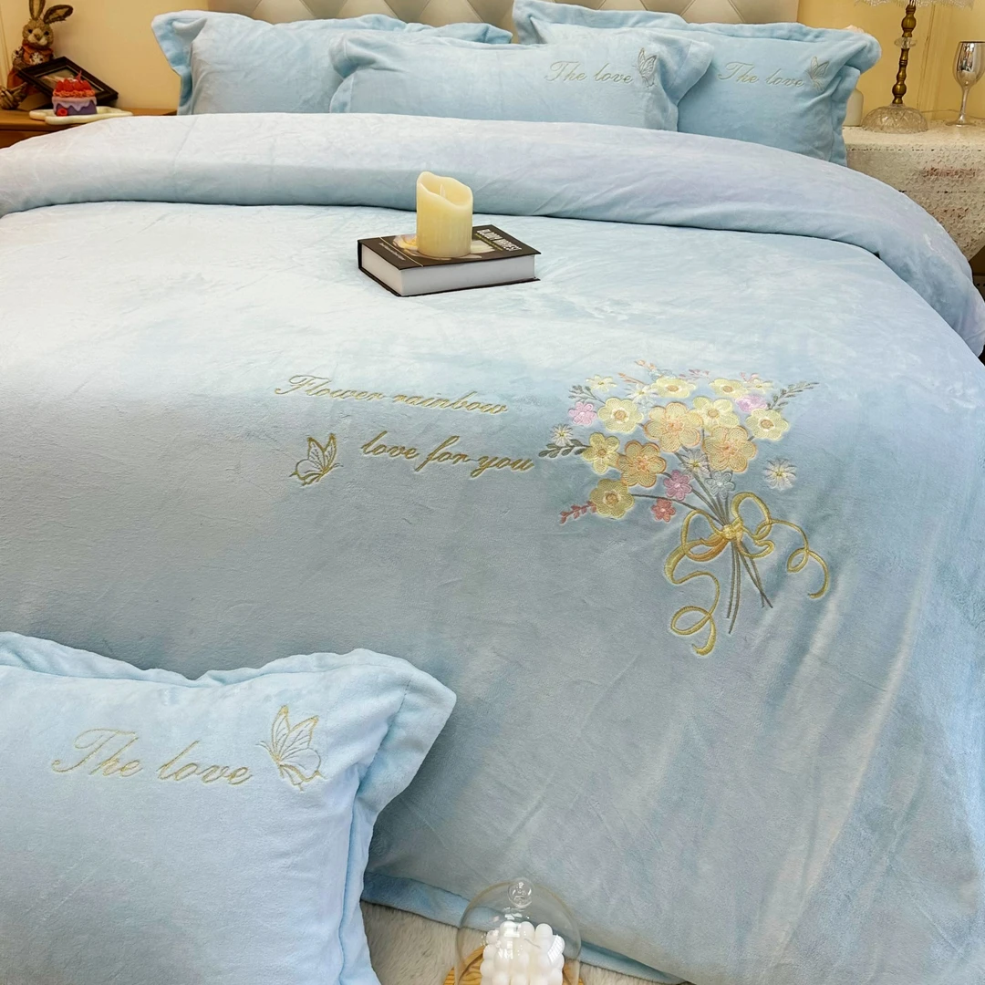 秋冬款加厚保暖刺绣款牛奶绒四件套 SY金枝玉叶 蓝色