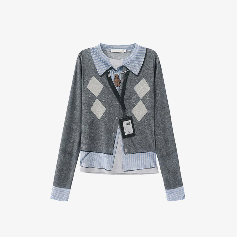 【T恤】25早秋新款趣味假两件3D印花工牌菱格打底衫D6963