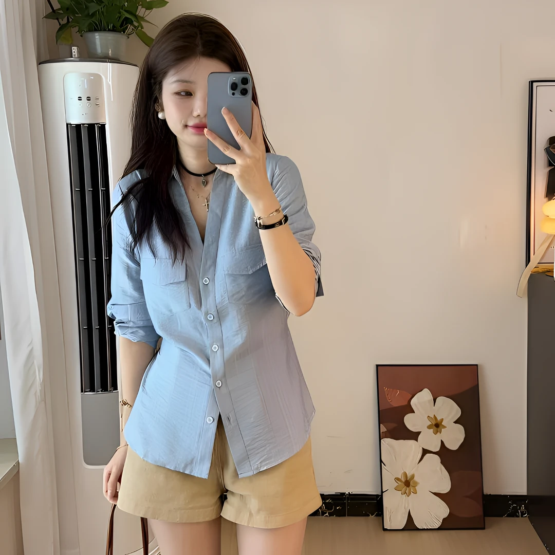 蓝色衬衫上衣防晒外搭开衫洋气薄款长袖早秋新款2025新款显瘦衬衣