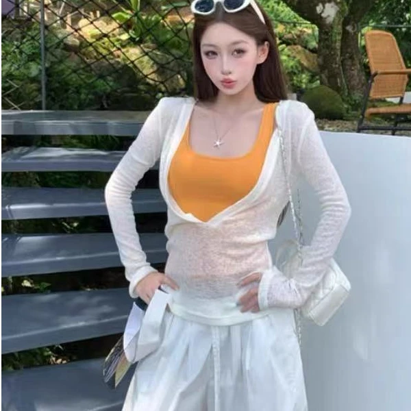 新款韩系肌理感V领透气长袖T恤罩衫背心阔腿裤