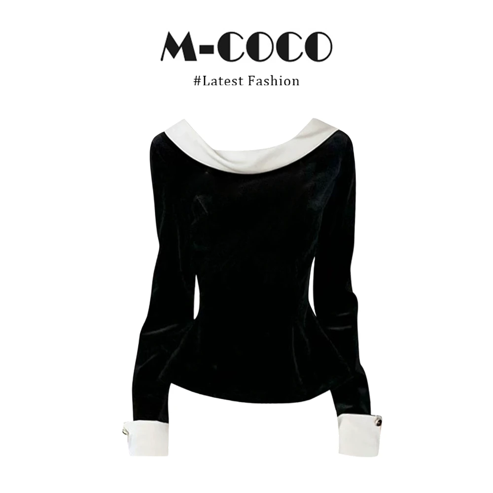 MARIE.COCO高端气质名媛黑色丝绒荡领长袖上衣女秋冬季收腰打底衫