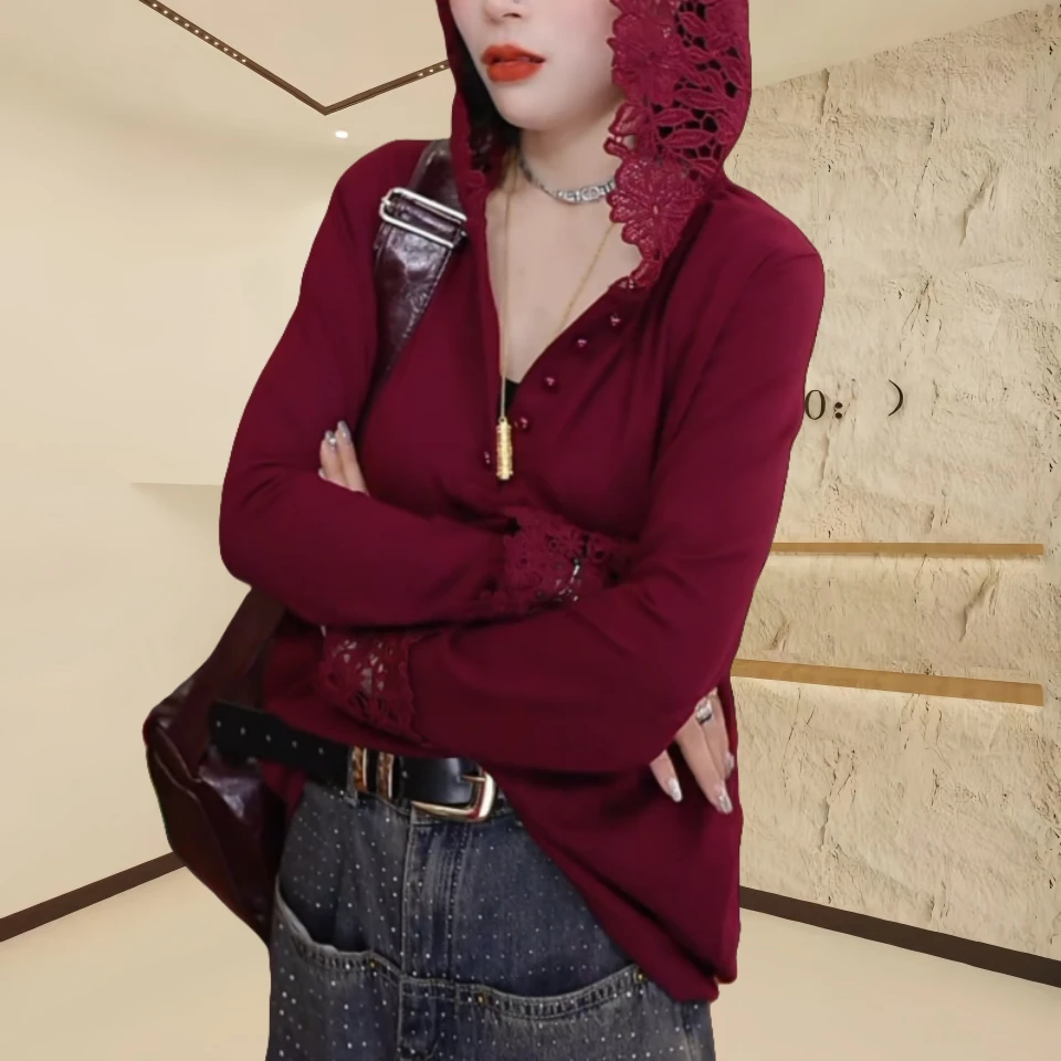 春季蕾丝连帽打底衫女士T恤2025新款高级感气场强大显瘦长袖上衣