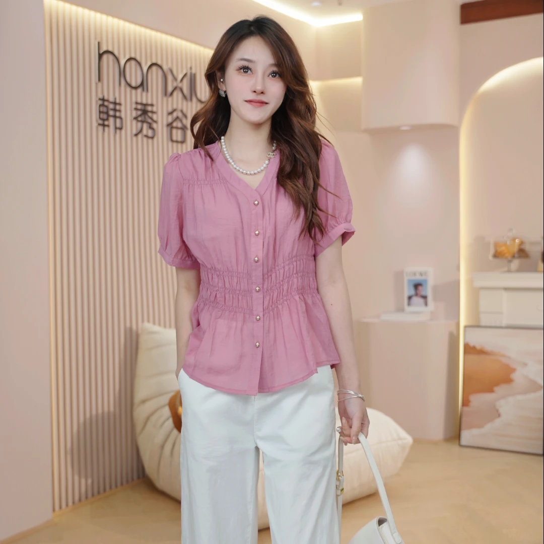 时尚百搭褶皱短袖衬衫女2025夏季新款宽松遮肚子休闲洋气上衣B659