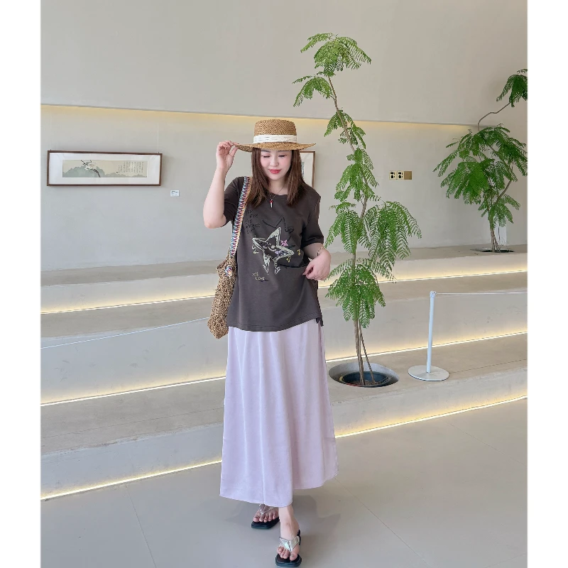 青青·STUDIO〖幸运星T〗夏款定制大码星星咖色短袖T恤2501434