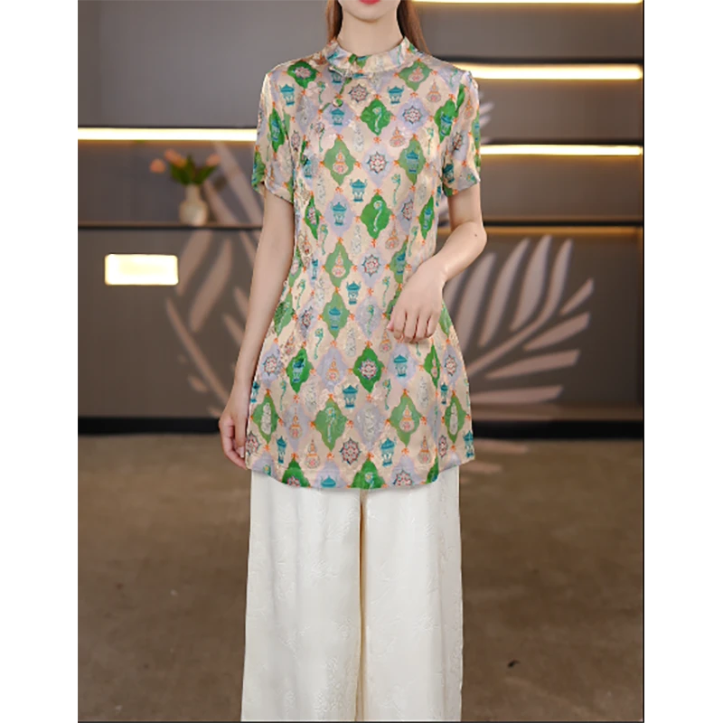 新中式复古时尚印花小衫2025夏季新款轻薄修身衬衫上衣