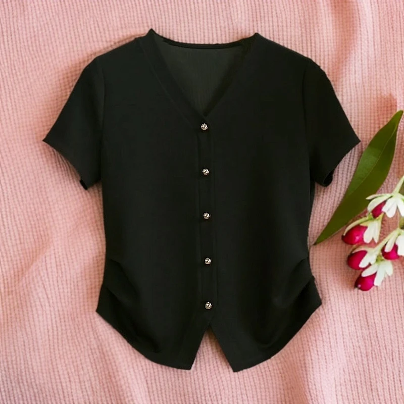 时尚百搭纯色短袖t恤女夏2025新款洋气短款别致小衫爆款显瘦上衣