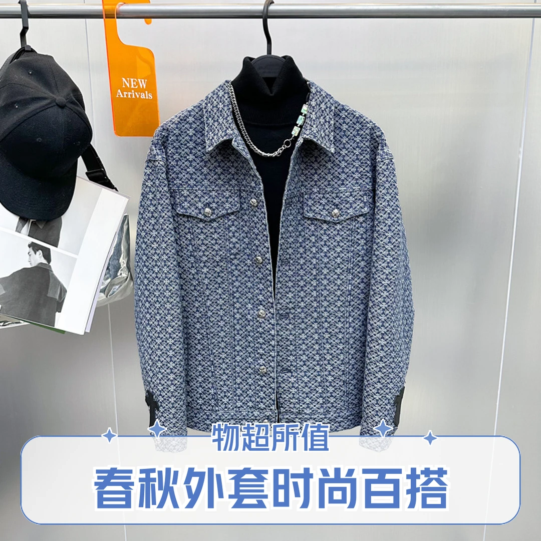 春秋休闲百搭男装新款夹克雪花提花外套男士时尚十字架牛仔夹克潮
