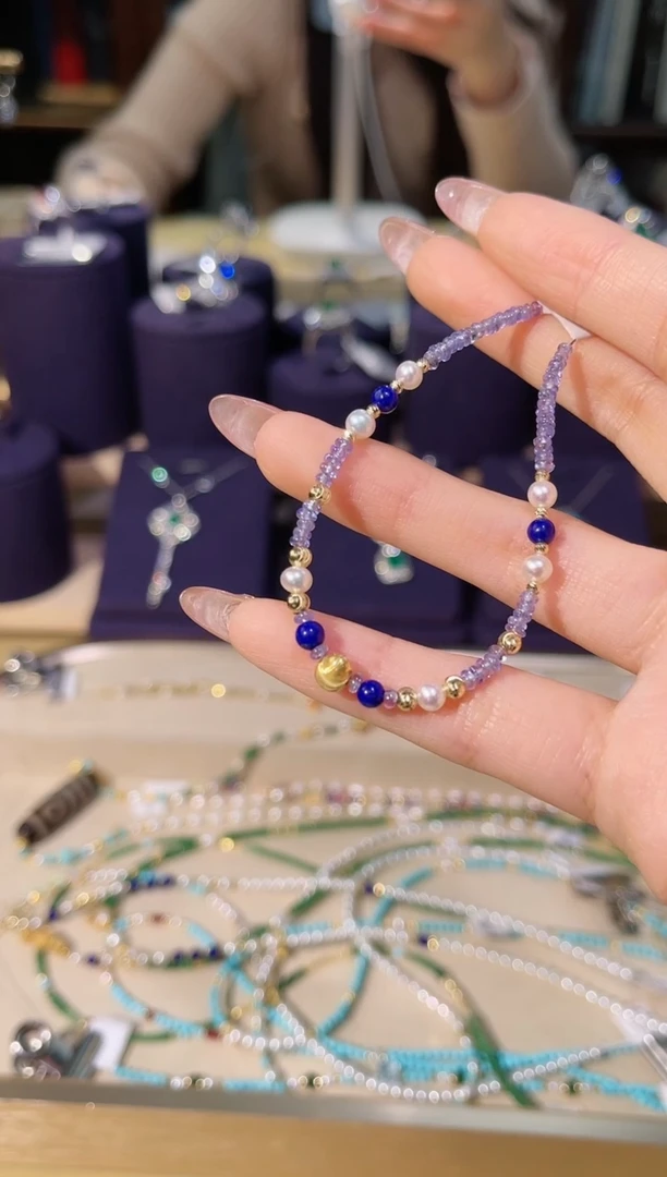 【闪购商品】坦桑石手链18K金镶嵌坦桑珍珠青金石手链