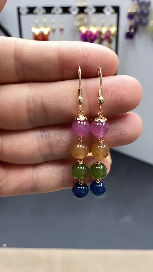 【闪购商品】碧玺耳饰银S925镀金镶嵌尺寸8mm连珠Q3