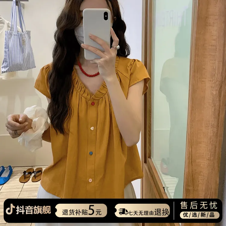 小飞袖衬衫2025新款女夏短款小衫chic韩系小个子温柔气质开衫上衣