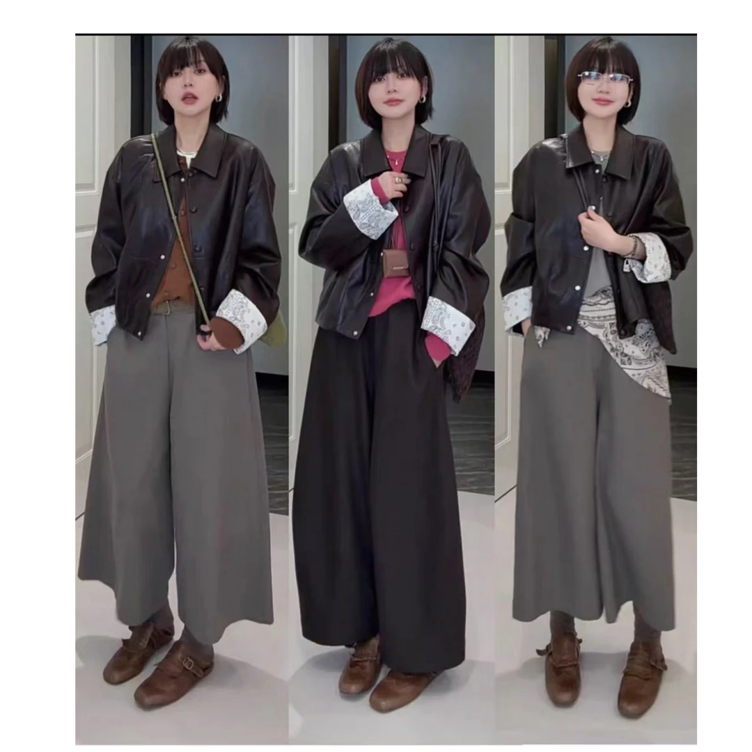 D9220秋季气质时尚复古单排扣翻领皮衣外套女