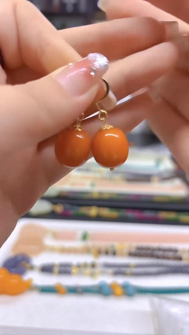 14K金镶嵌蜜蜡耳饰DIY款E72