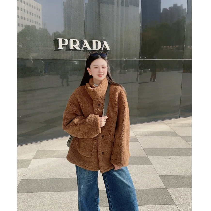 冬季羊羔绒外套两面穿棉衣加绒保暖外套女