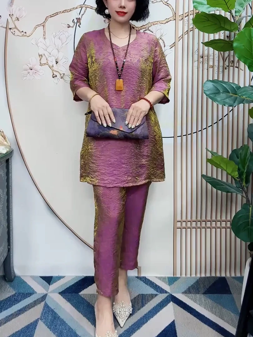 夏季洋气高档七彩丝光锦上衣加裤子套装