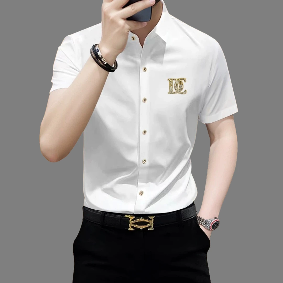 高级感潮牌夏季冰丝免烫抗皱修身商务休闲百搭弹力男士短袖衬衫男