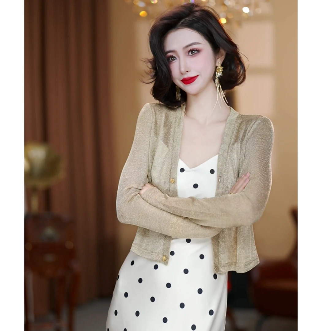 【大晶定制】“雾里看花”春季新款长袖短款金色百搭小开衫-DJ10151