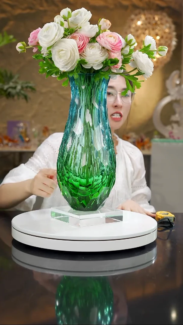 琉璃手工艺品蓝绿色凹面花瓶带底座