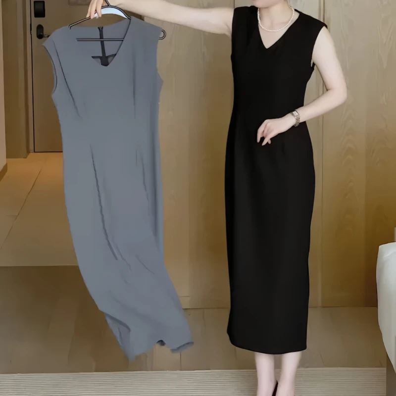 初秋时尚风气质风百搭无袖常规休闲风收腰显瘦中长裙极简风连衣裙