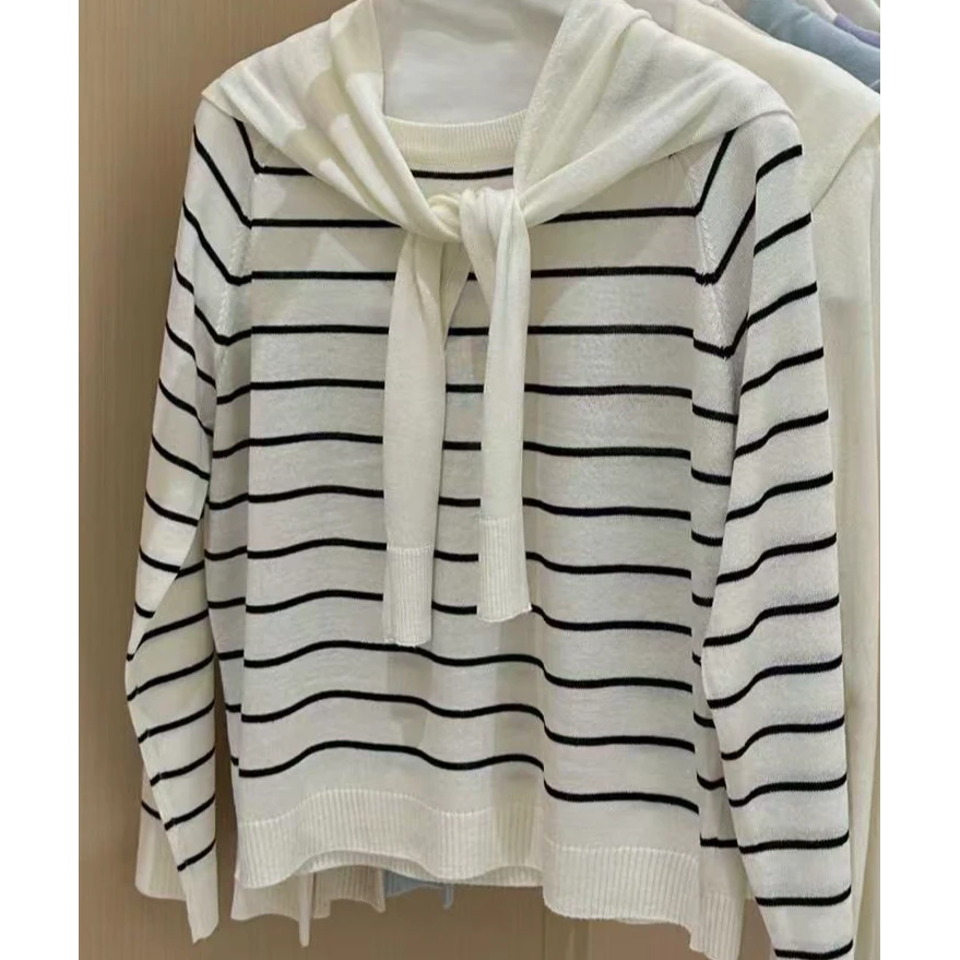 【晴子精选】春季新品休闲百搭条纹长袖T针织两件套