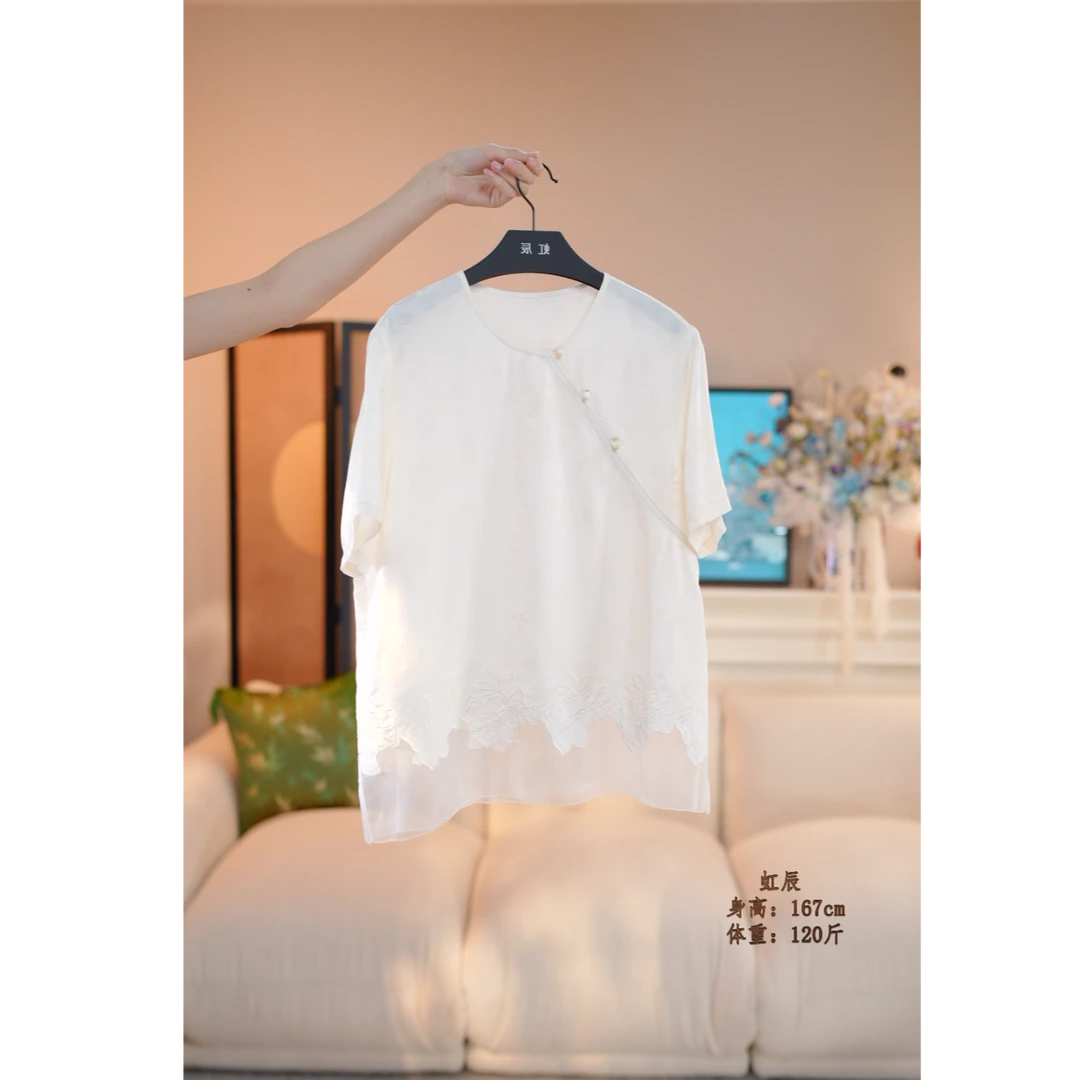 【虹辰】高端时尚优雅提花刺绣气质欧根纱百搭高级感圆领短袖HC2378