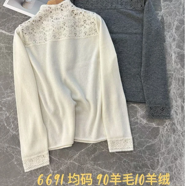 冬季立体镂空钩花领口纯色半高领针织衫上衣