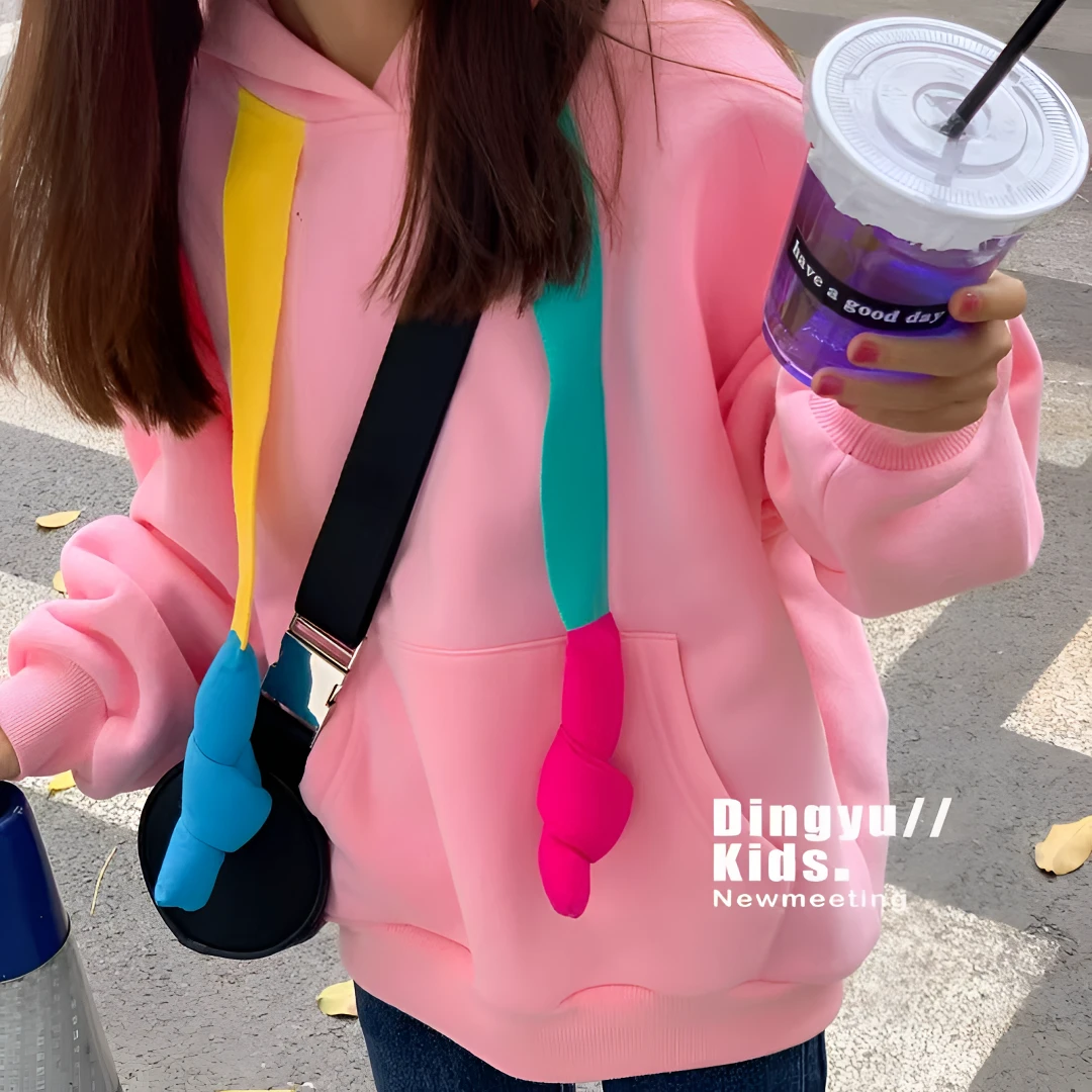 【清&货福利】町连帽卫衣设计感帽绳卡通抓绒一体绒宽松上衣