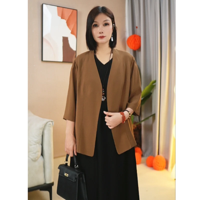大码妈妈装高端轻奢醋酸西装外套宽松百搭七分袖简约无扣开衫上衣