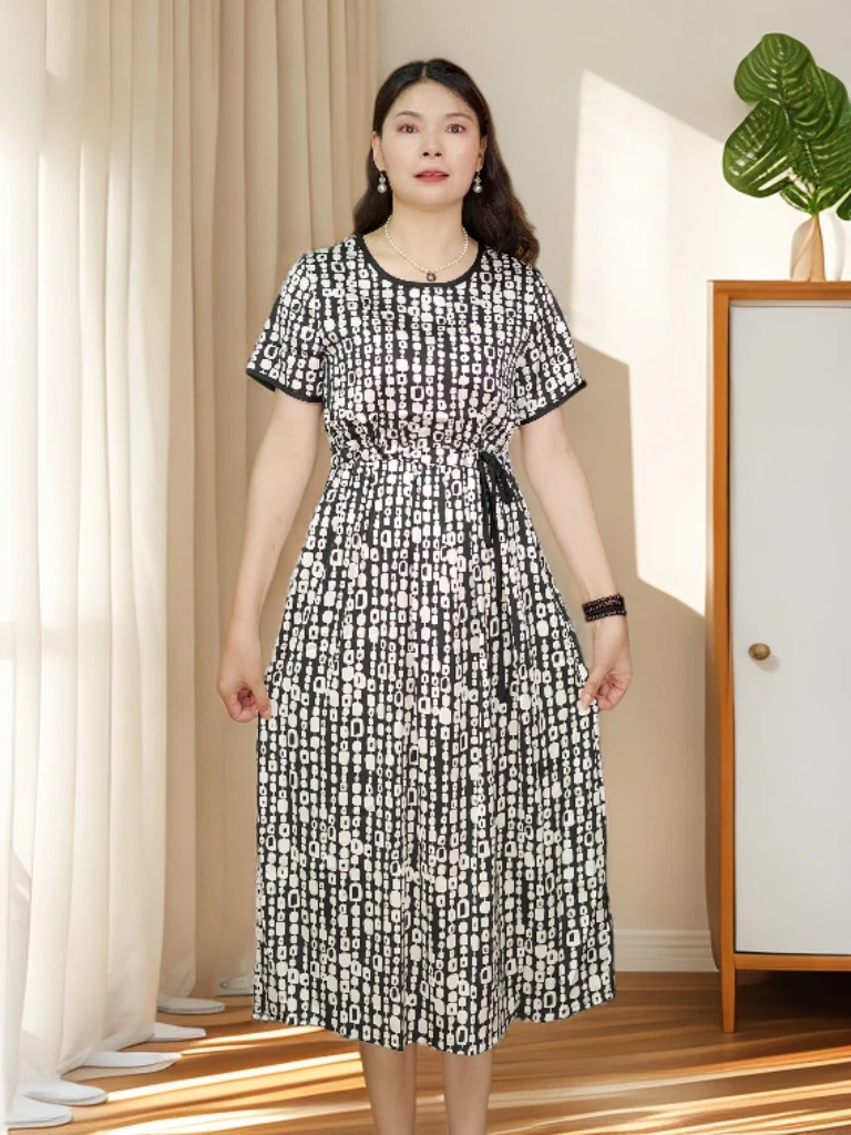 中年妈妈夏装高贵真丝连衣裙时尚显瘦修身遮肉气质收腰女士连衣裙