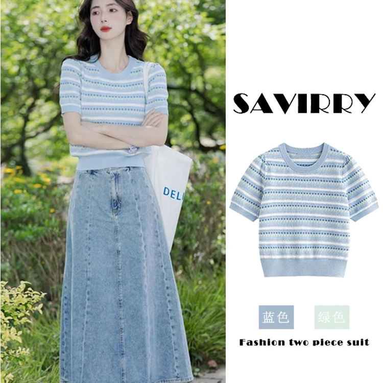 针织蓝色短袖t恤女夏小个子2025春季新款韩系多巴胺穿搭漂亮上衣