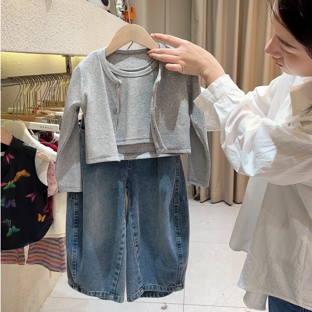 女童春装套装2025新款洋气儿童短款长袖开衫背心牛仔裤女宝宝春秋
