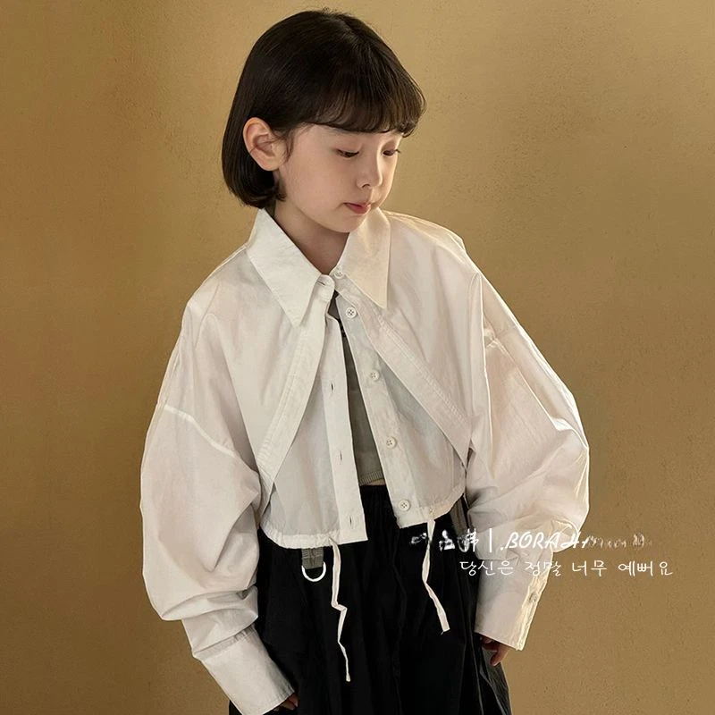 女童长袖衬衫2025春季新款小女孩假两件衬衣儿童翻领宽松洋气外套