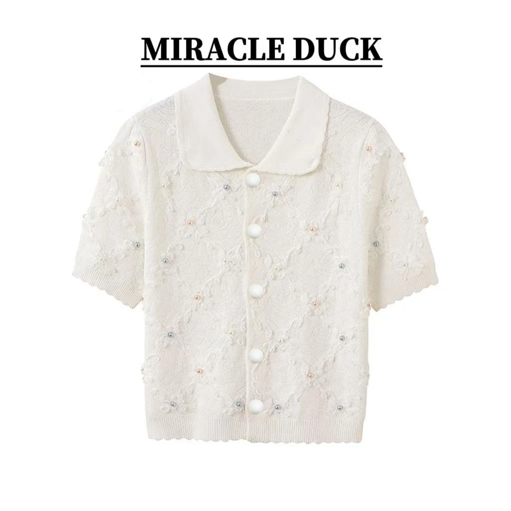 2号【珍珠小姐】夏季手工钉翻领开衫甜美镂空冰丝针织短袖C1649