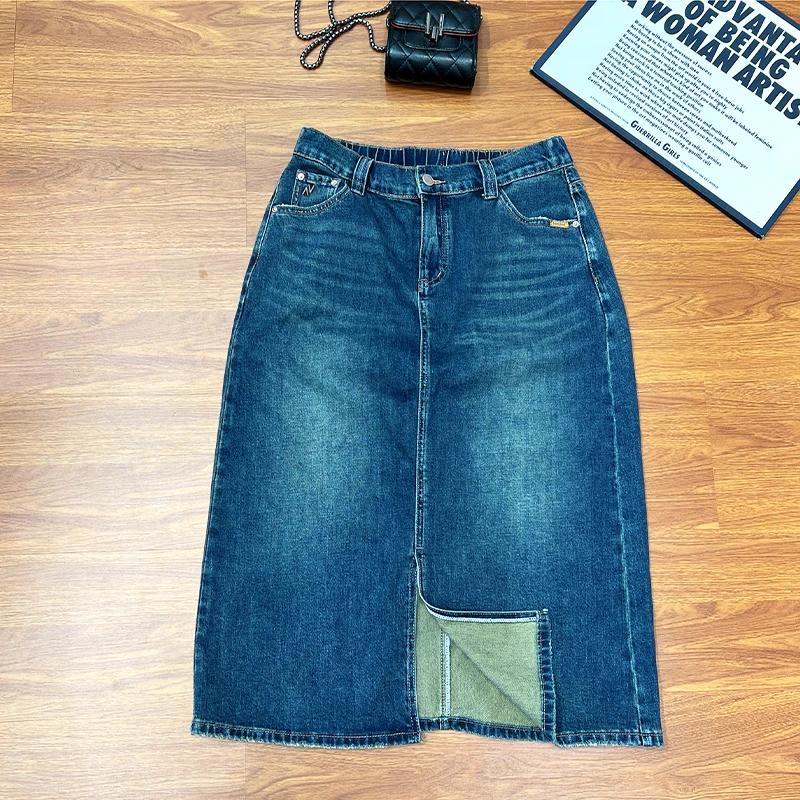 必魅牛仔半身裙百搭显瘦开叉中长裙2025春夏新款弹力A字裙4537