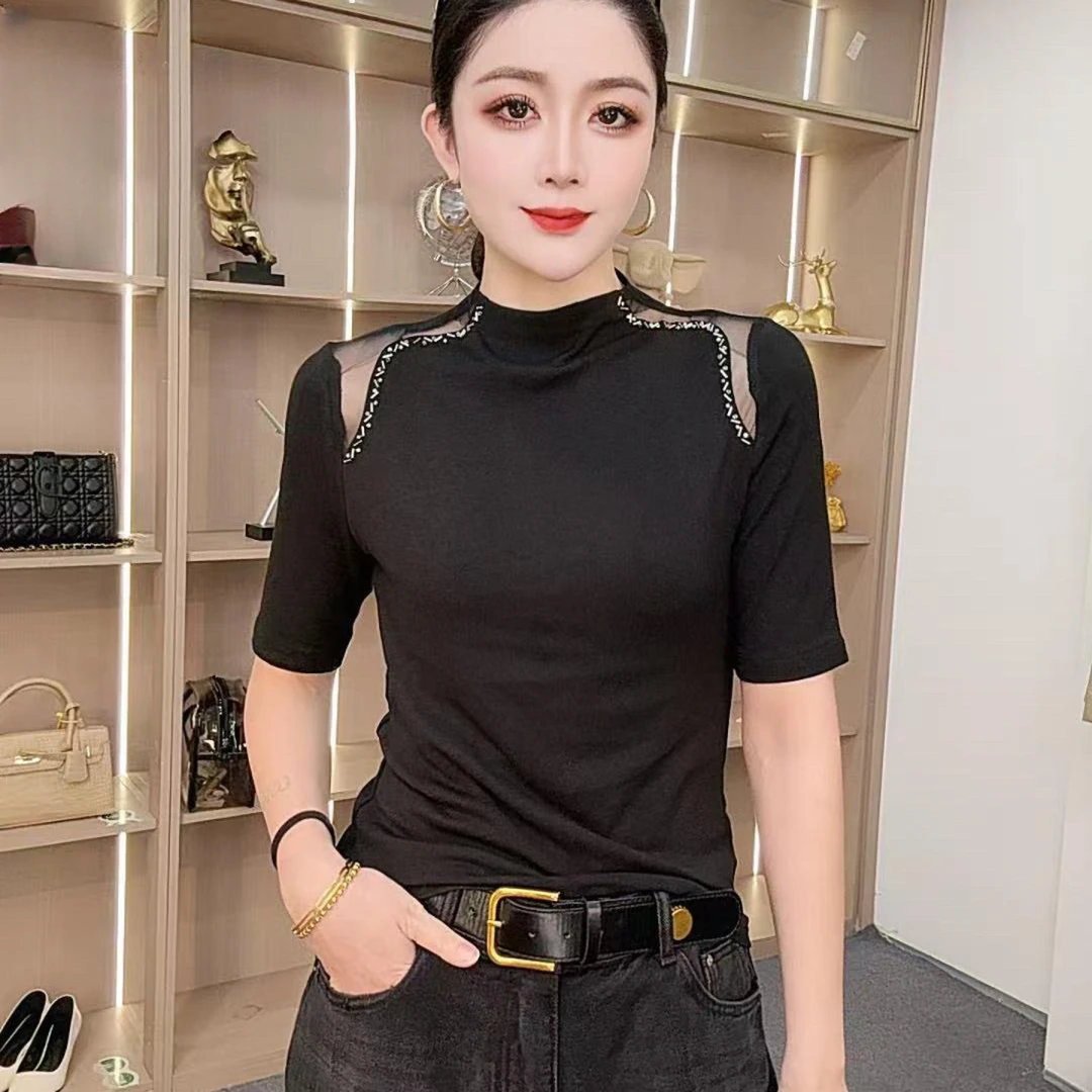 时尚镂空拼接中袖t恤女装秋季新款打底衫小个子气质百搭弹力上衣